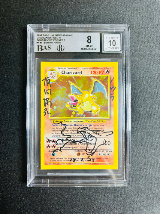1999 BASE UNLIMITED ITALIAN CHARIZARD HOLO R SQUARE-CUT CORNERS #4 MITSUHIRO ARITA BGS 8/10
