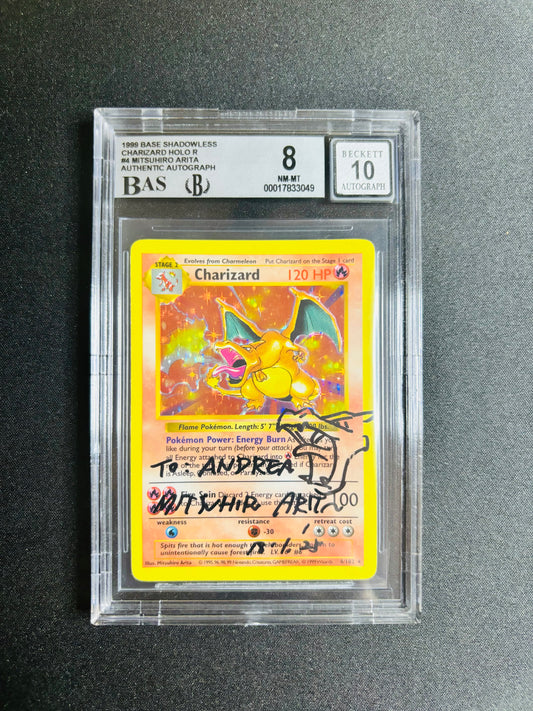 1999 BASE SHADOWLESS CHARIZARD HOLO R #4 MITSUHIRO ARITA AUTHENTIC AUTOGRAPH BGS 8/10
