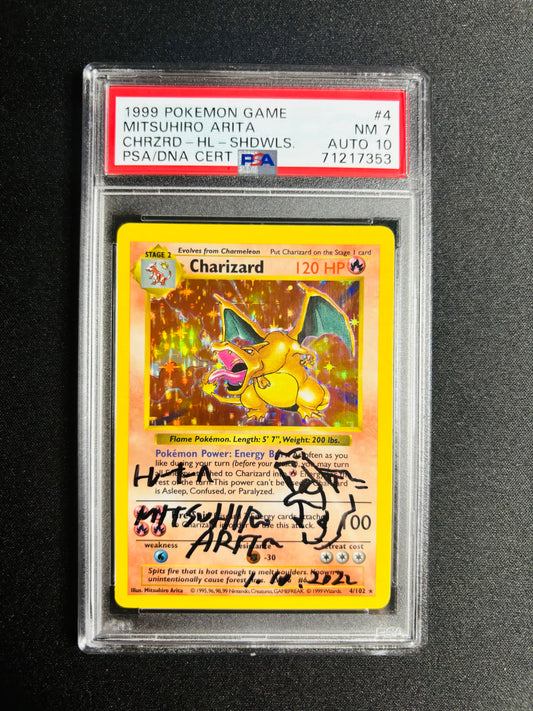 1999 POKEMON GAME MITSUHIRO ARITA CHARIZARD SHADOWLESS PSA 7/10